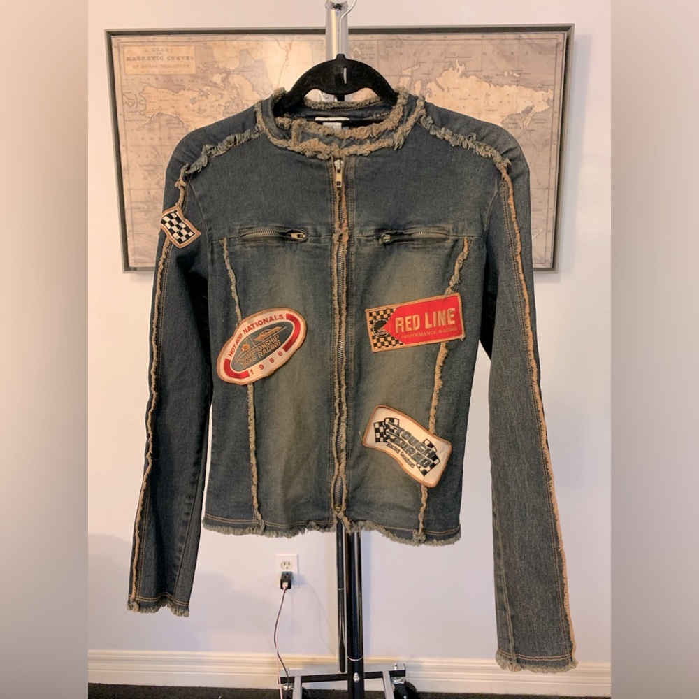 Vintage Riley Long Sleeve Zip Up Racing-Theme Denim Jacket